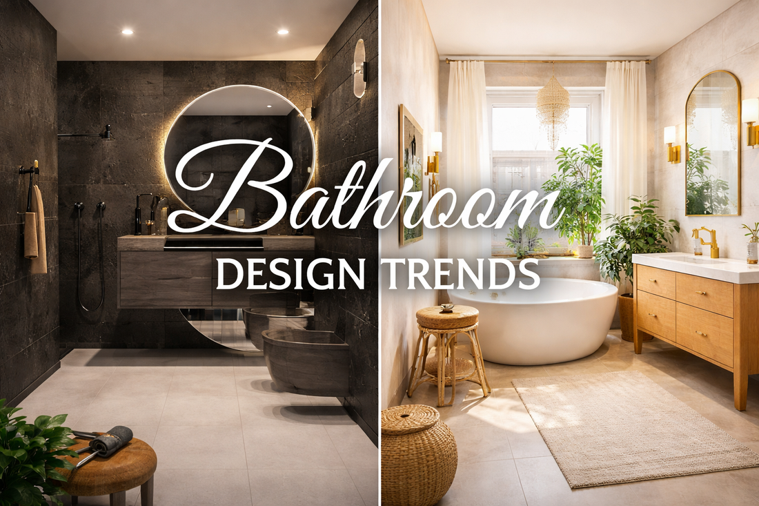 Split bathroom design image showing a modern dark bathroom and a bright spa-style bathroom with freestanding tub and wood vanity, highlighting contrasting design trends.