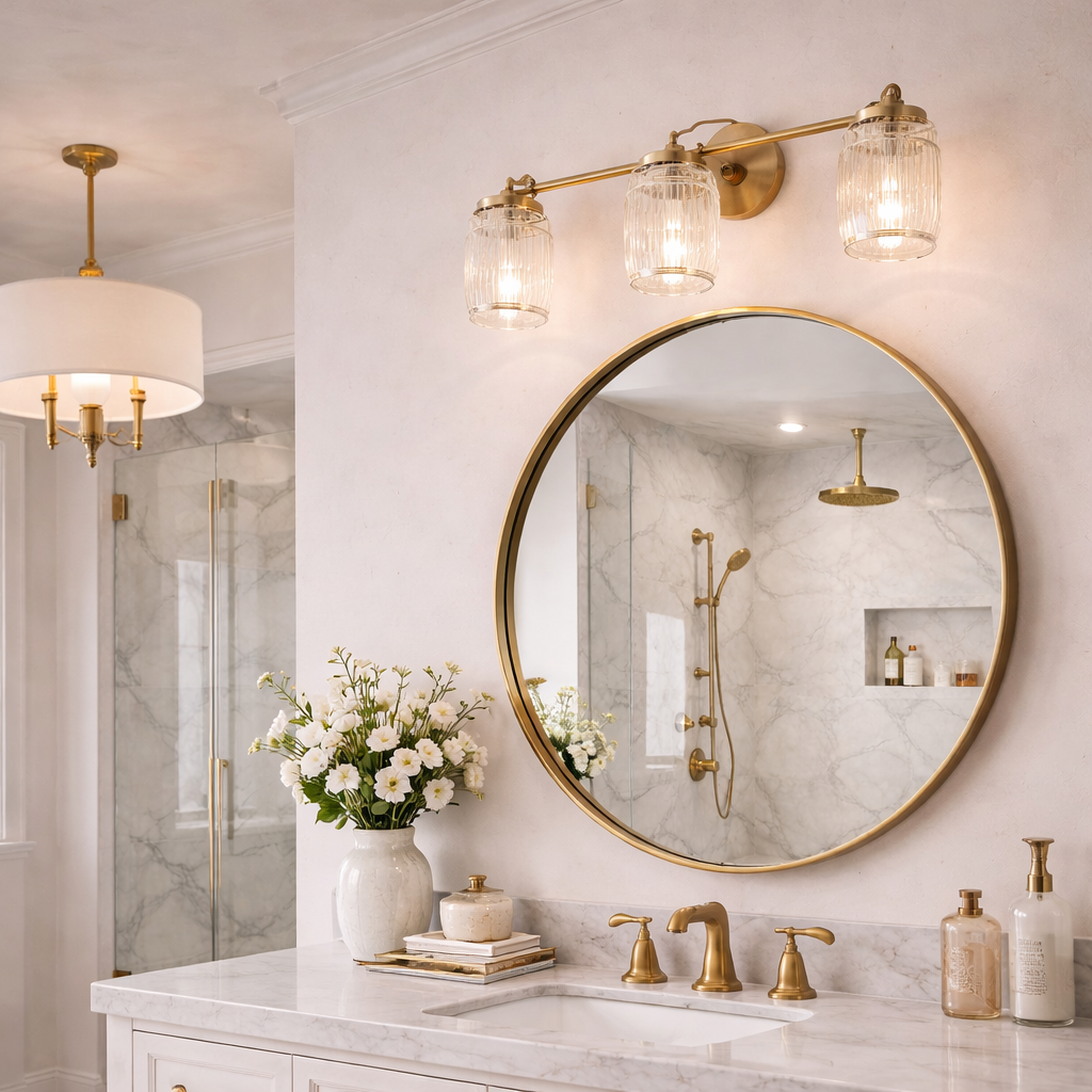 Round gold-framed bathroom mirror above a white marble vanity with brass faucet, three-light vanity fixture, and marble shower reflected in the mirror.