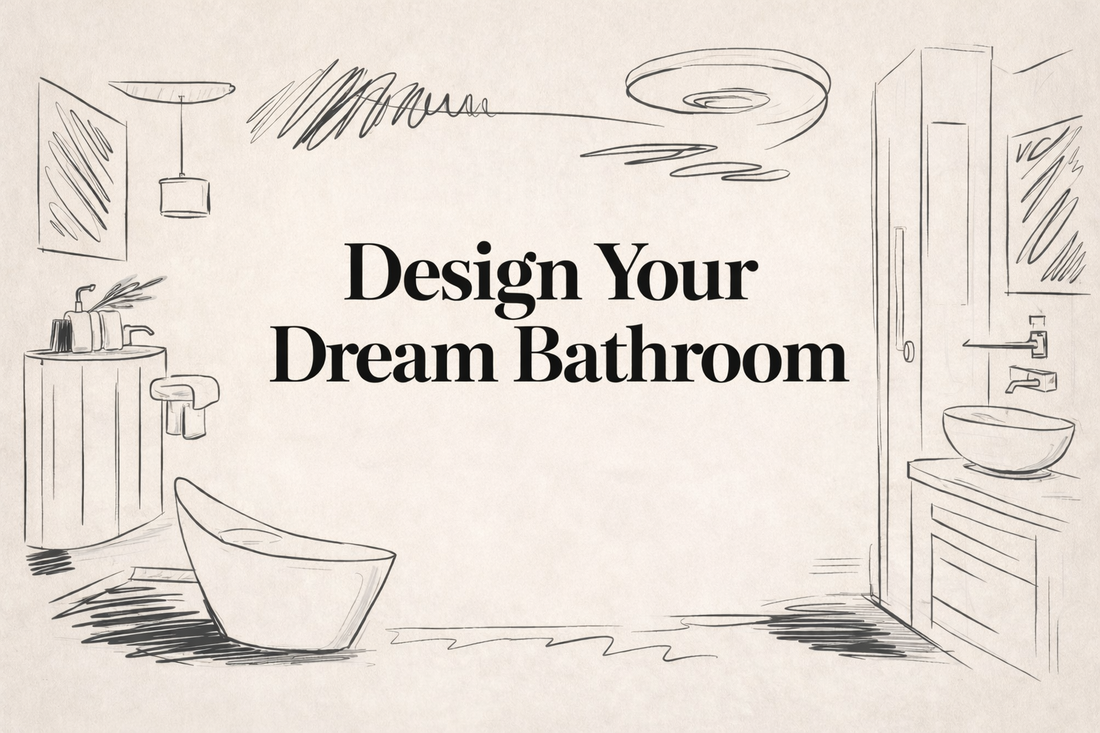 Hand-drawn style bathroom sketch featuring a freestanding tub, vanity, and fixtures with the text “Design Your Dream Bathroom” centered on a neutral background.