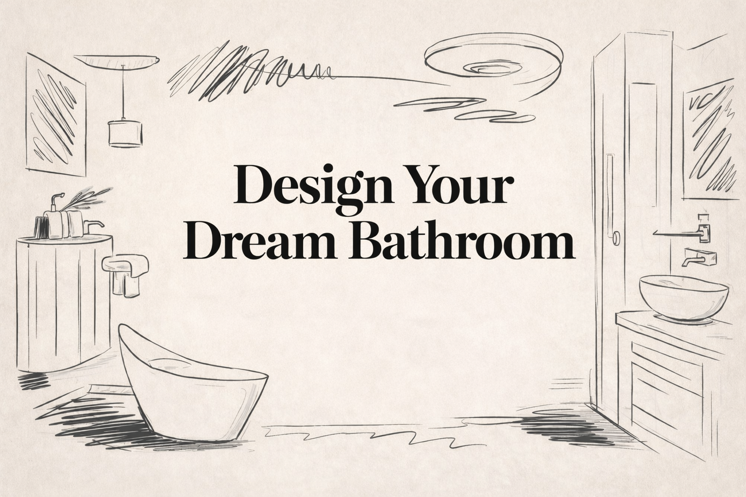 Hand-drawn style bathroom sketch featuring a freestanding tub, vanity, and fixtures with the text “Design Your Dream Bathroom” centered on a neutral background.