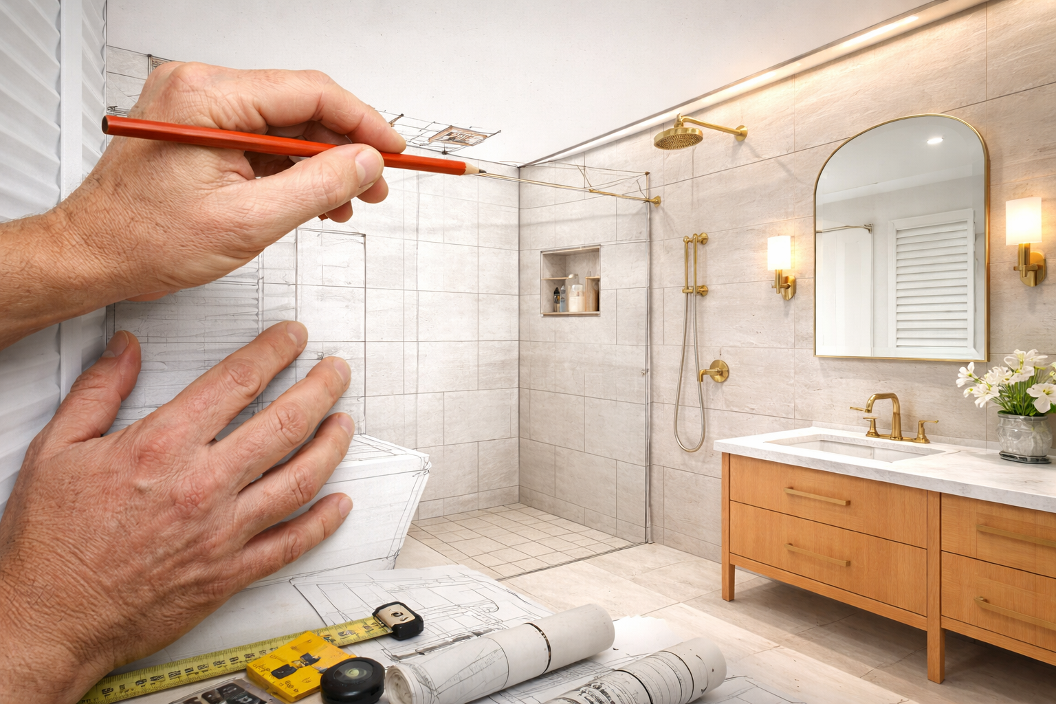 Hand sketching a bathroom remodel design transitioning into a finished modern bathroom with walk-in shower, wood vanity, and gold fixtures.
