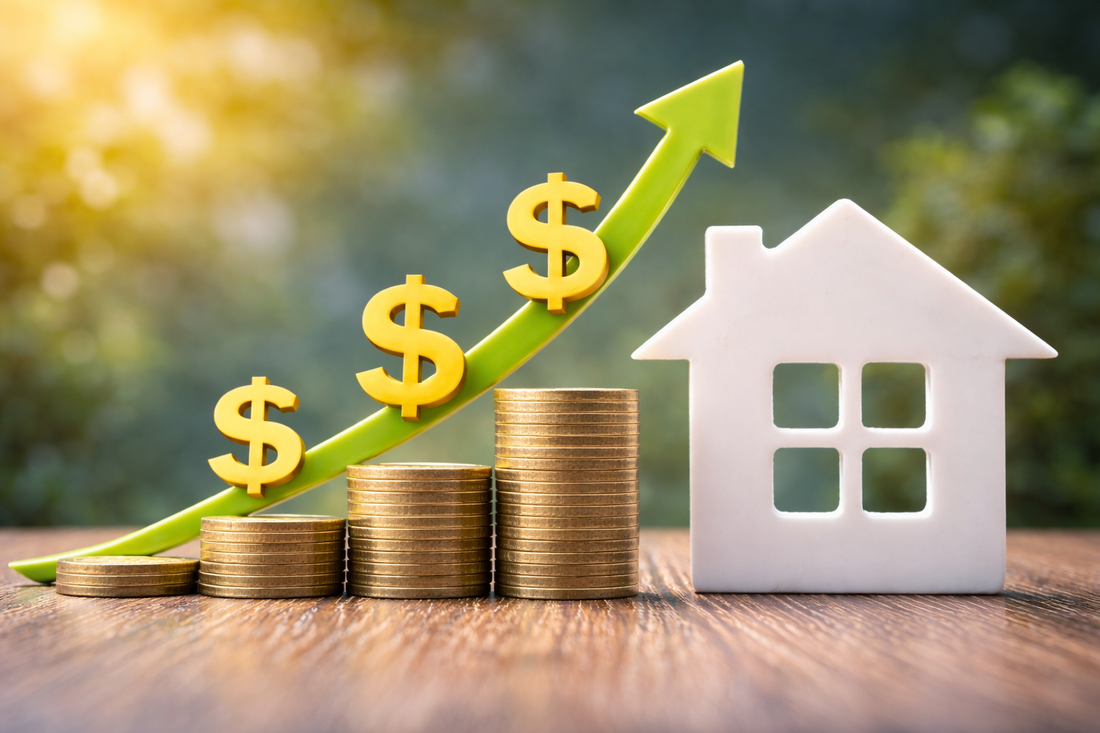 House model next to stacked coins with an upward arrow and dollar signs, symbolizing increasing home value and investment growth.