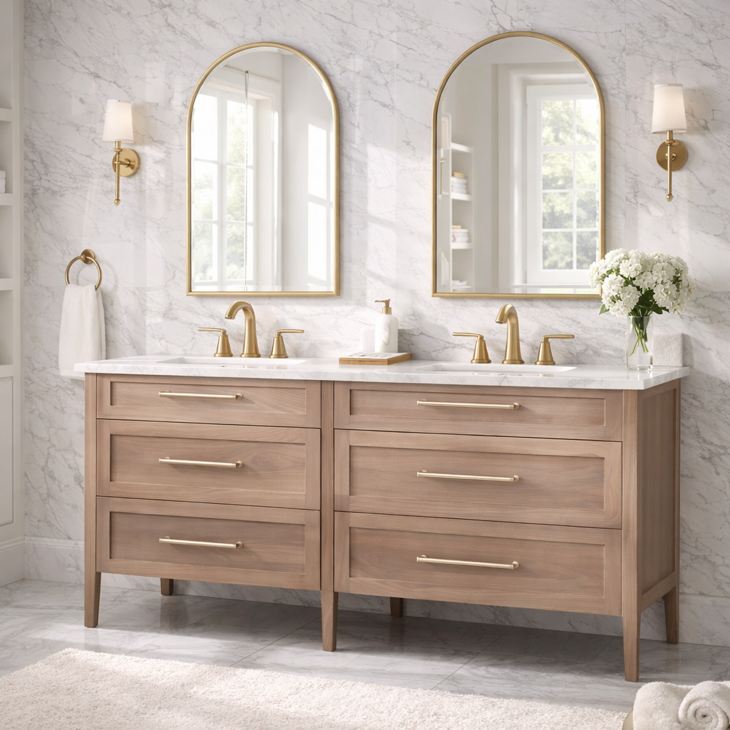 Double bathroom vanity with natural wood cabinets, marble countertop, gold faucets, and arched mirrors in bright marble bathroom.