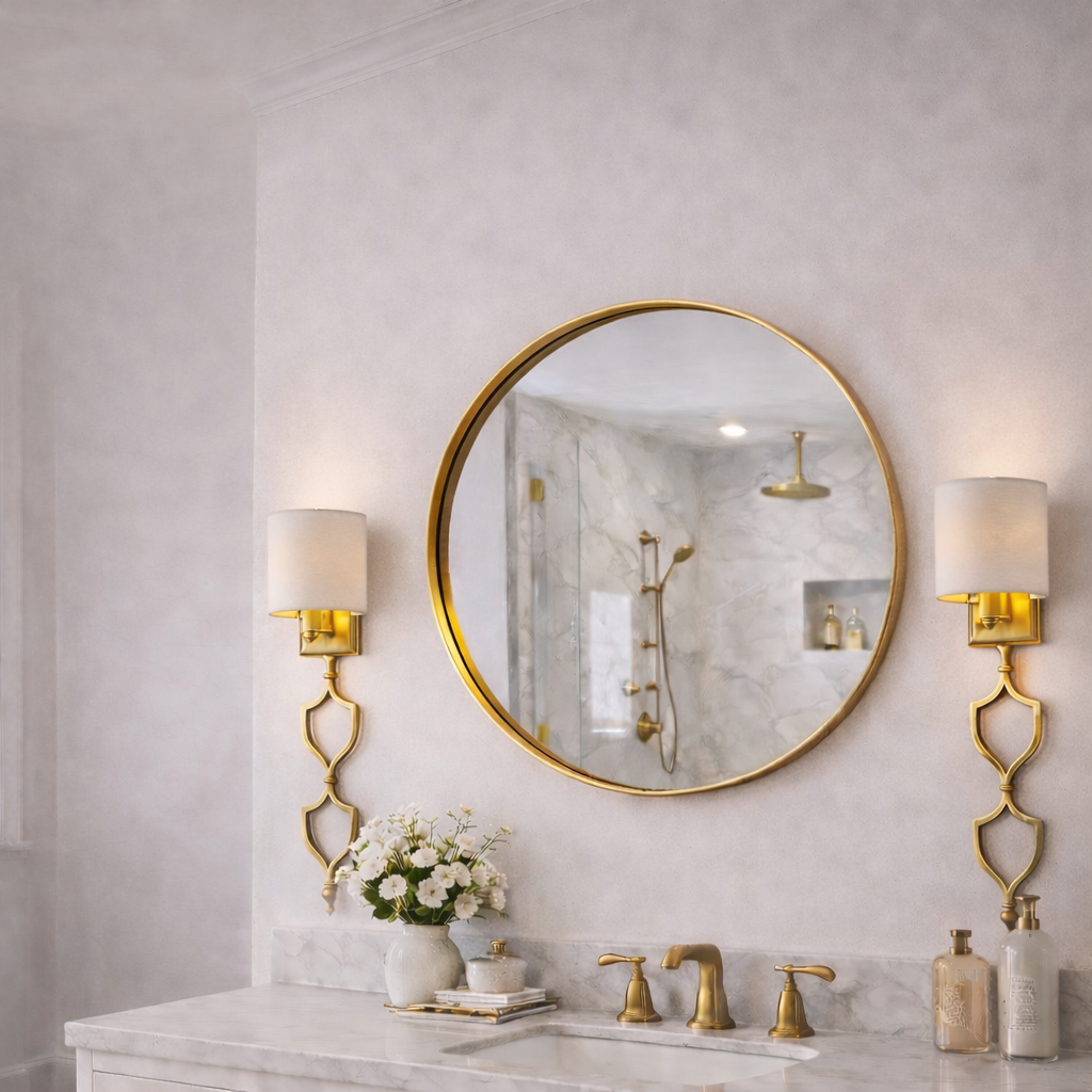 Pair of gold wall sconces with white shades flanking a round mirror above a marble bathroom vanity with brass faucet.