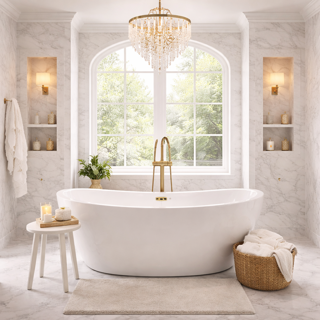 zElegant white freestanding bathtub with gold faucet in spa-style marble bathroom.