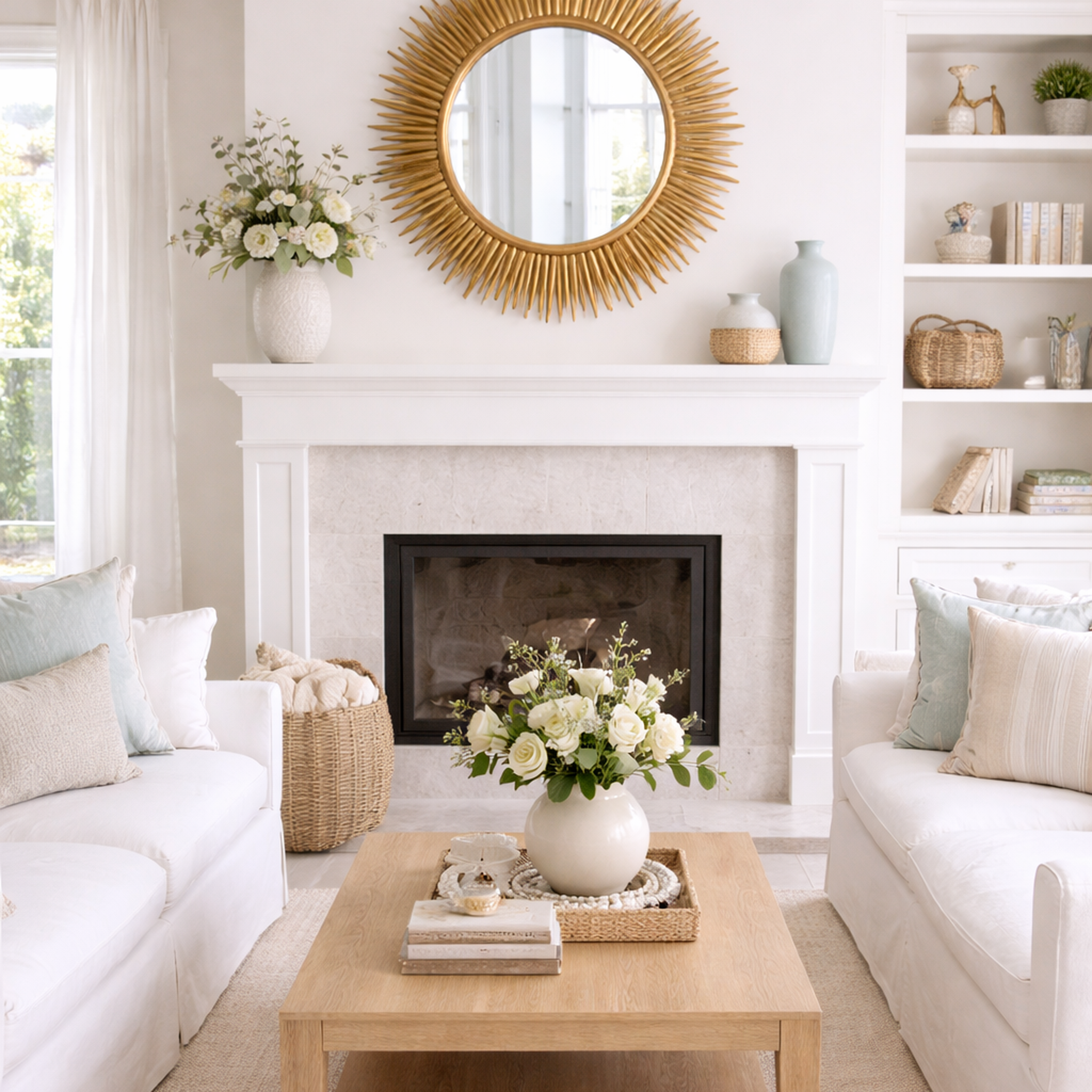 Gold sunburst wall mirror above white fireplace mantel in bright coastal living room with neutral decor and built-in shelves.