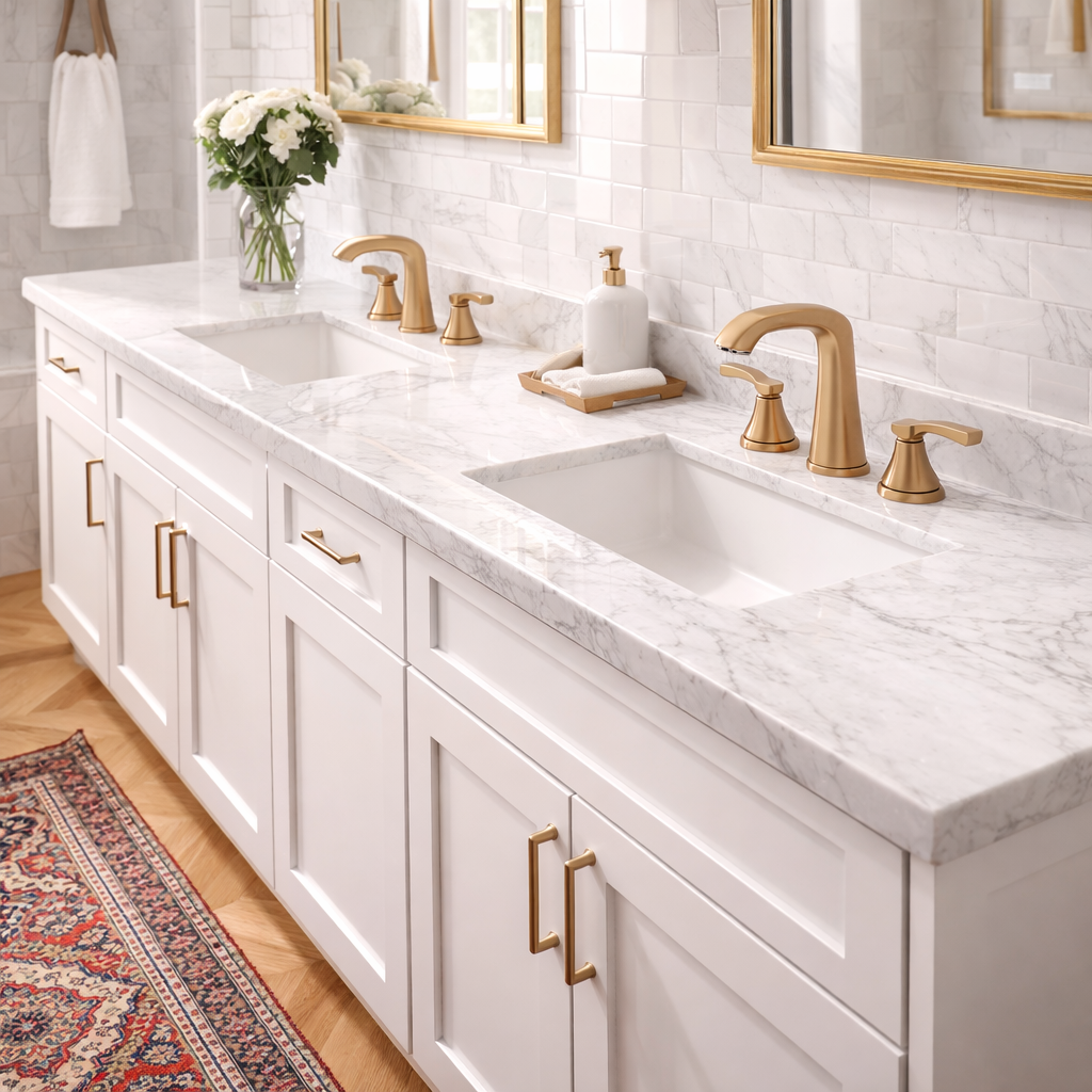 Brushed gold bathroom faucets on double white sinks with marble countertop and white vanity cabinetry.