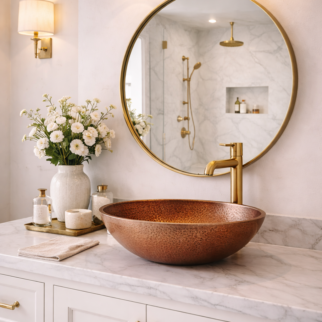 Hammered copper vessel bathroom sink on white marble vanity with gold faucet and round mirror.