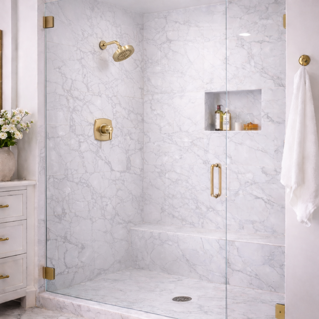 White marble walk-in shower with glass enclosure, built-in niche, bench seating, and brushed gold shower fixtures.