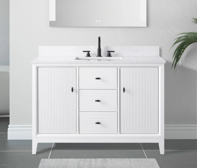 White 48-Inch Single-Sink Bathroom Vanity With Marble Top - Black Pulls